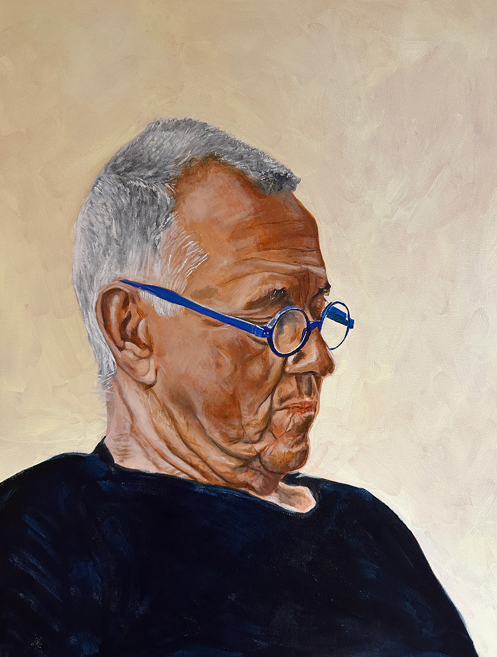 A painting of Tim wearing blue glasses